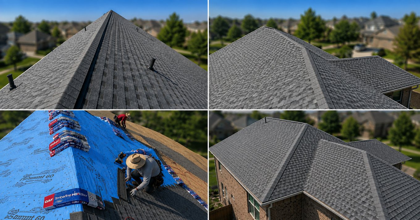 Completed gray architectural shingle roof on a two-story brick home, shown from the ridge and from above, with one panel of a roofer installing shingles over blue underlayment